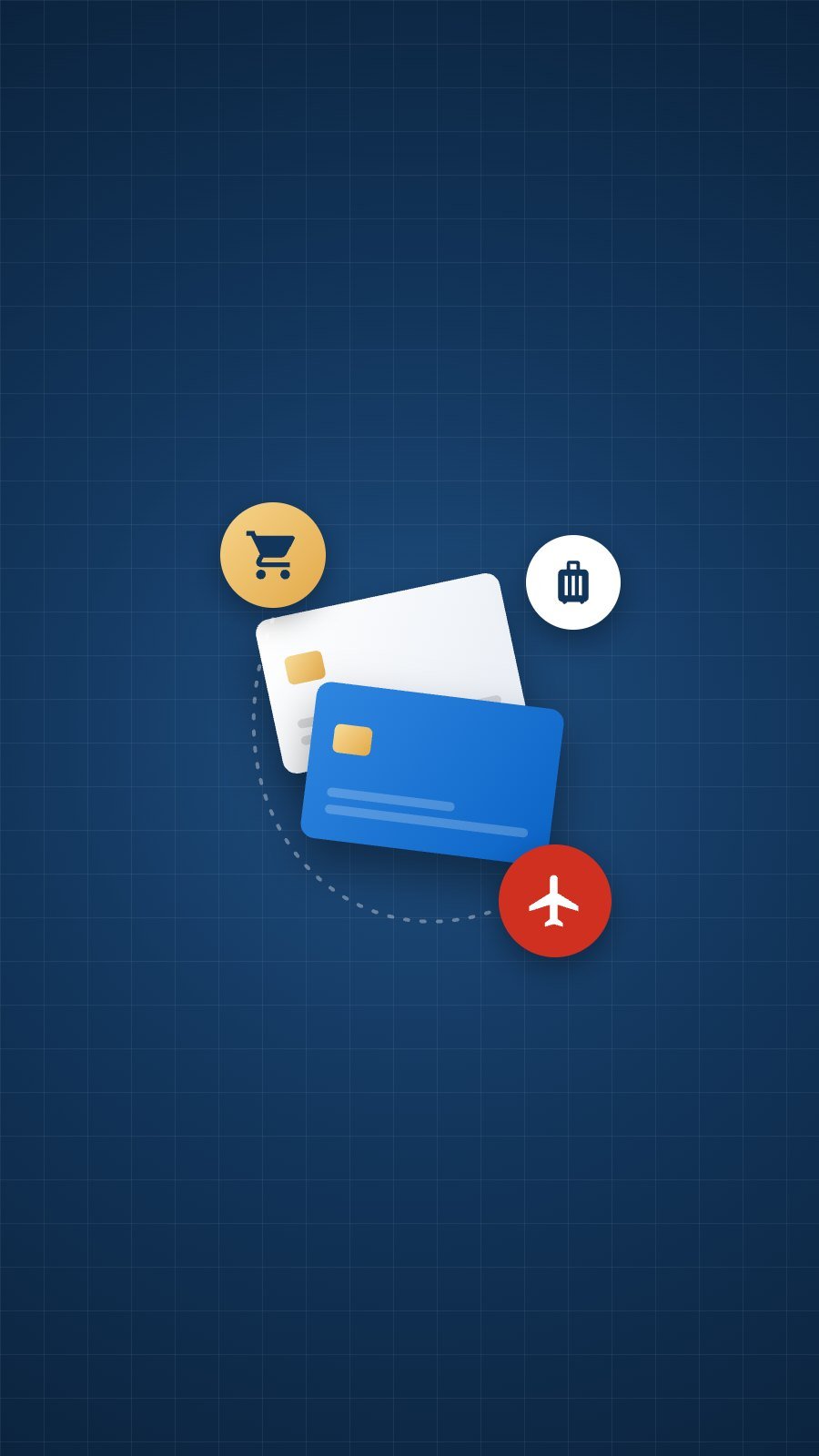 Illustration of credit cards with grocery, luggage and airplane icons, showing everyday spending turned into travel