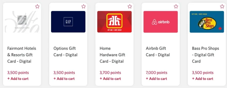CIBC Rewards portal showing digital gift cards at 3,500 points, Home Hardware at 3,700 points and Airbnb at 7,000 points