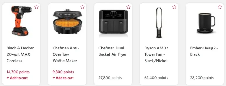 CIBC Rewards portal merchandise catalogue showing a Black and Decker drill at 14,700 points, a Chefman waffle maker at 9,300, a Chefman air fryer at 27,800, a Dyson AM07 fan at 62,400 and an Ember Mug2 at 28,200 points