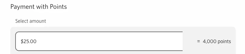 CIBC Rewards portal Payment with Points screen showing a $25 credit to the card balance costs 4,000 points